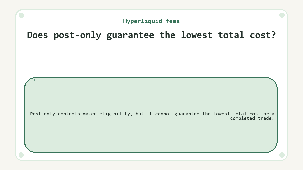 Does post-only guarantee the lowest total cost?: Post-only controls maker eligibility, but it cannot guarantee the lowest total cost or a completed trade.